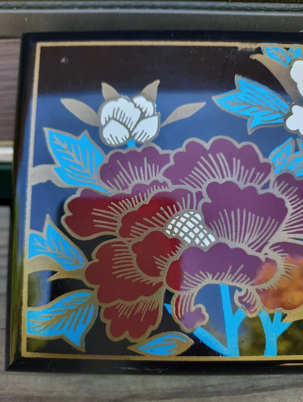 Vintage Asian Black Hard Plastic Peony Painted Lined Mirror Jewelry Box Small